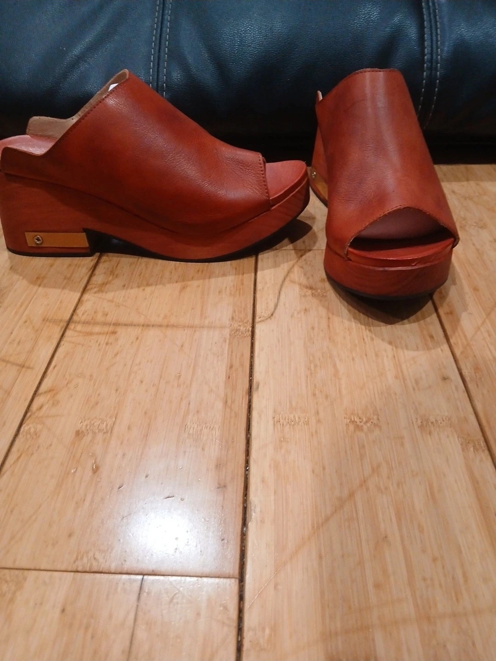 Free People Open-Toe Leather Mule Sandals in Cognac